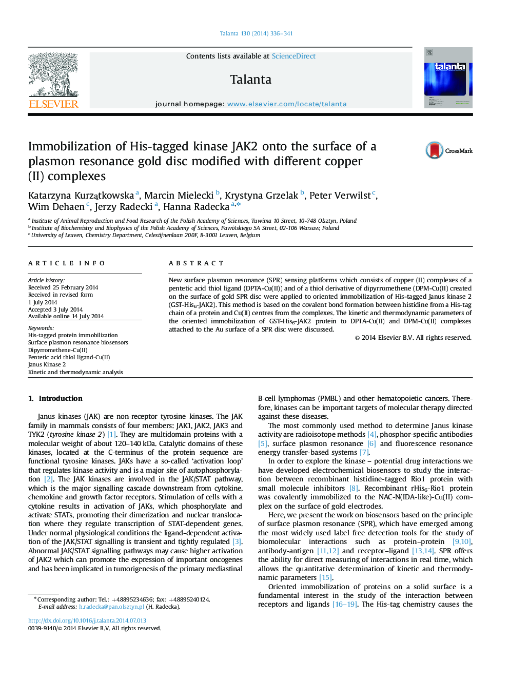 Immobilization of His-tagged kinase JAK2 onto the surface of a plasmon resonance gold disc modified with different copper (II) complexes