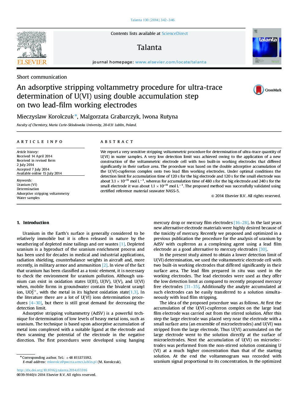 An adsorptive stripping voltammetry procedure for ultra-trace determination of U(VI) using double accumulation step on two lead-film working electrodes