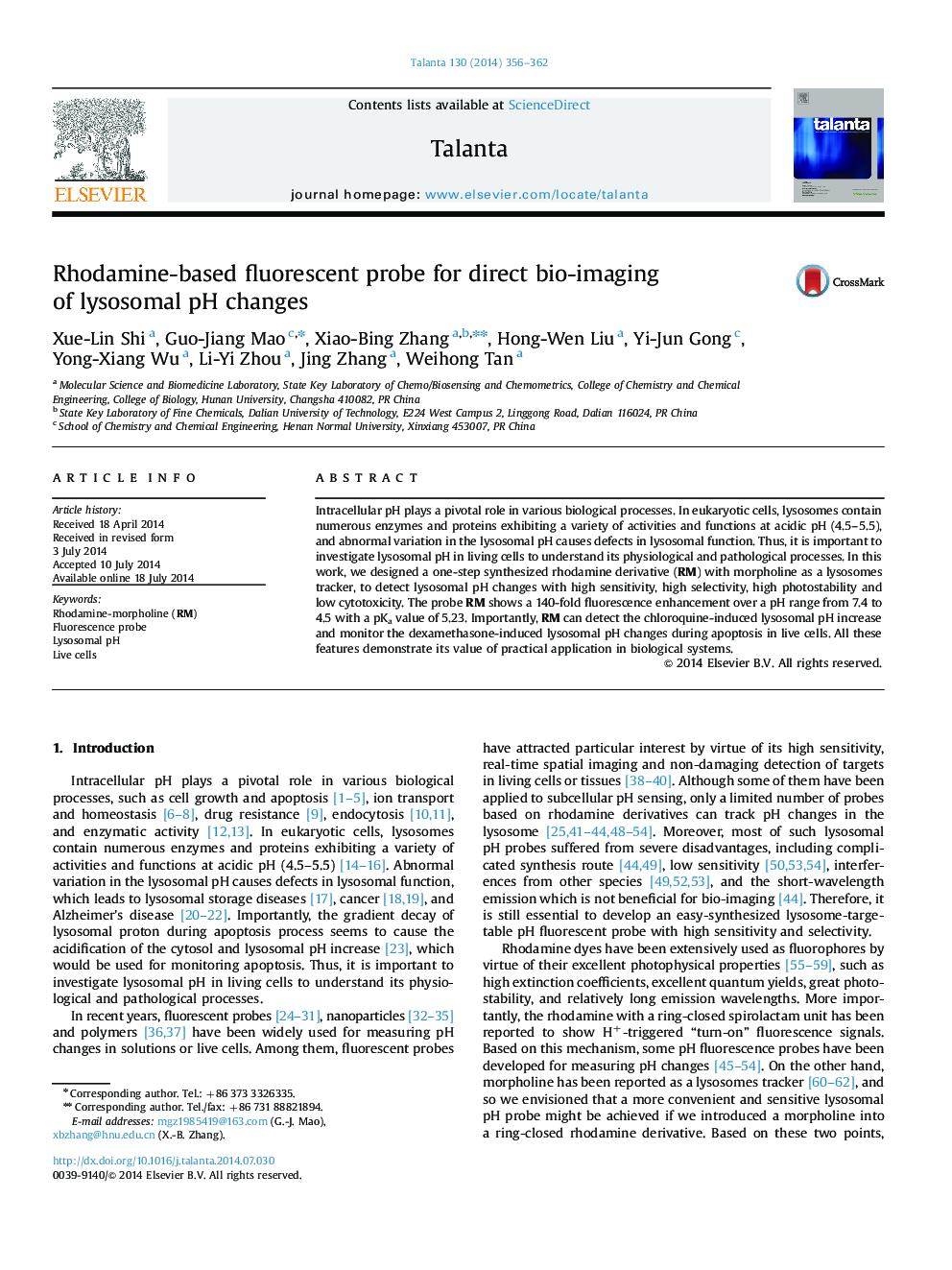 Rhodamine-based fluorescent probe for direct bio-imaging of lysosomal pH changes