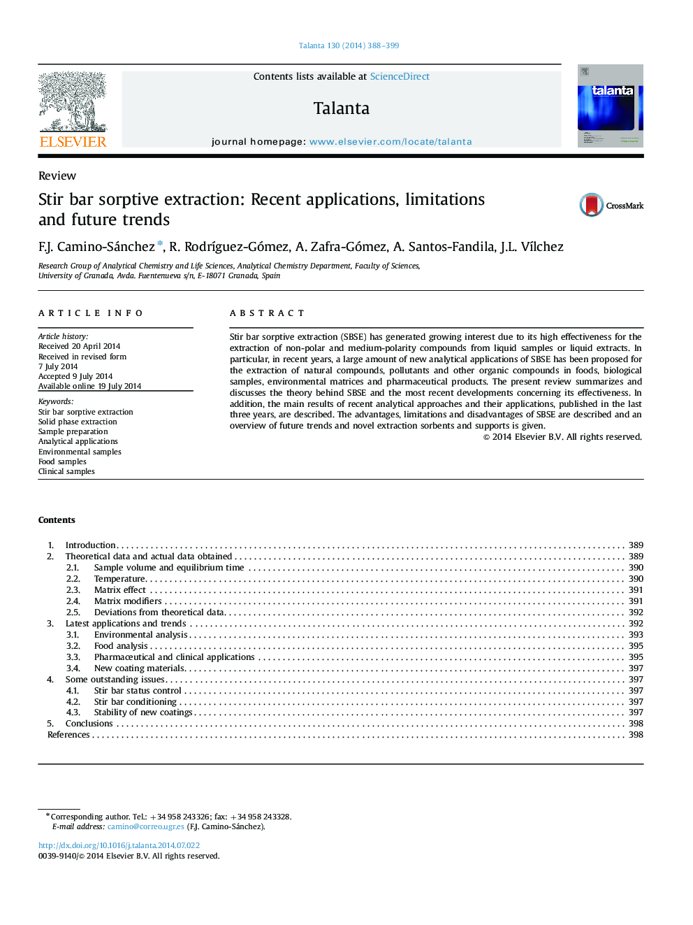Stir bar sorptive extraction: Recent applications, limitations and future trends