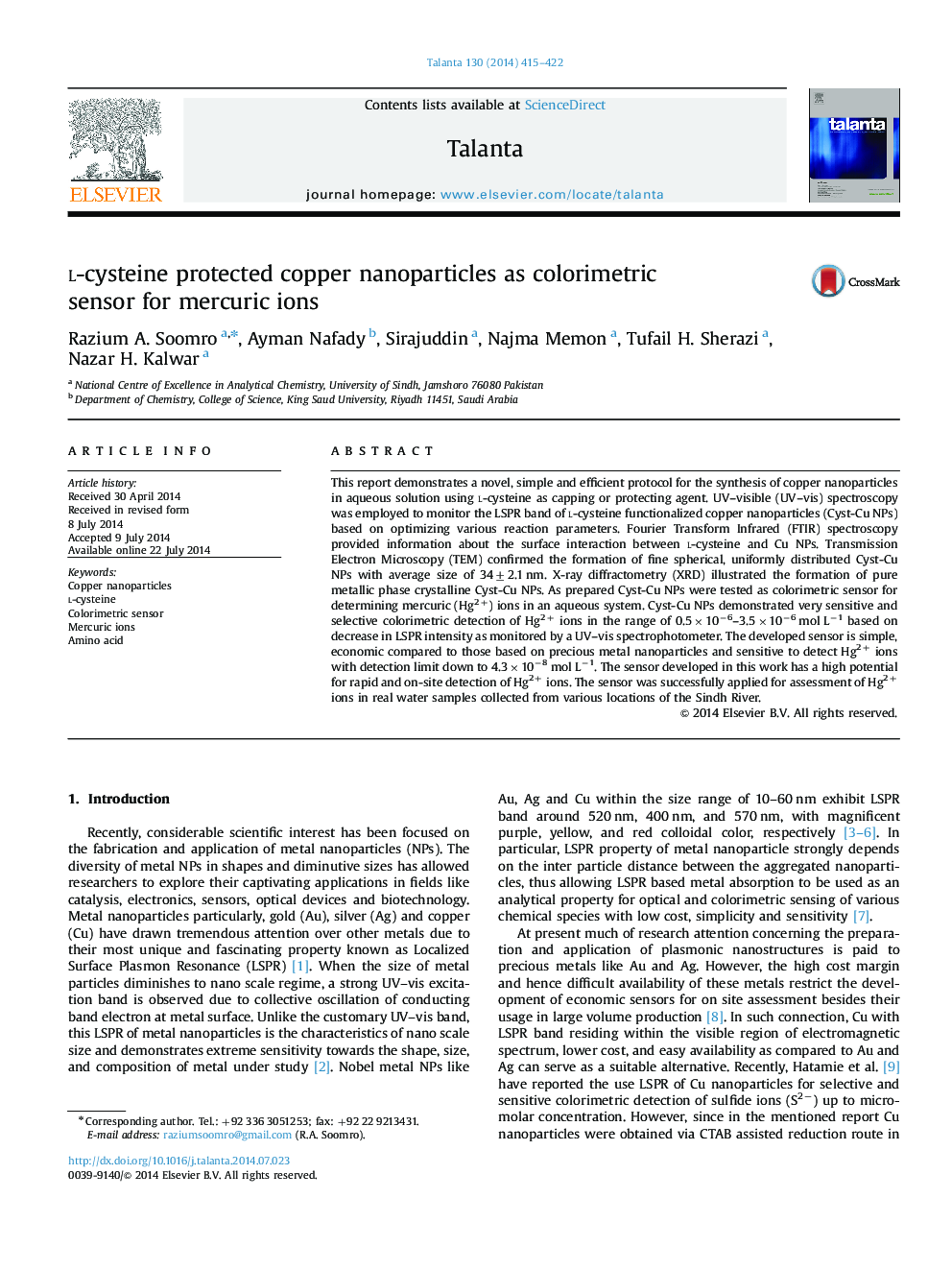 l-cysteine protected copper nanoparticles as colorimetric sensor for mercuric ions