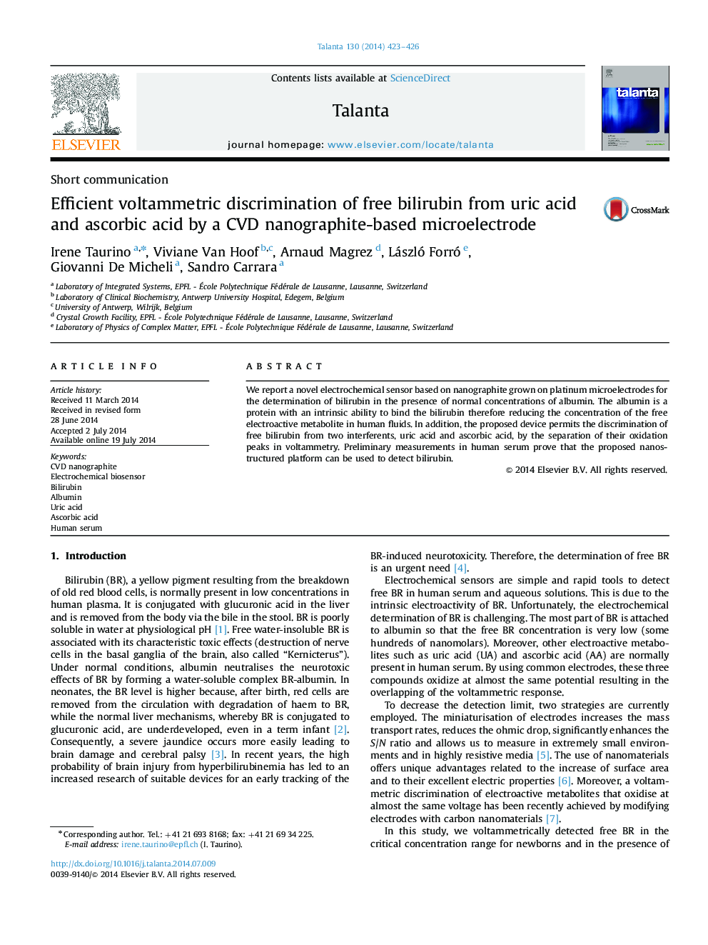 Efficient voltammetric discrimination of free bilirubin from uric acid and ascorbic acid by a CVD nanographite-based microelectrode