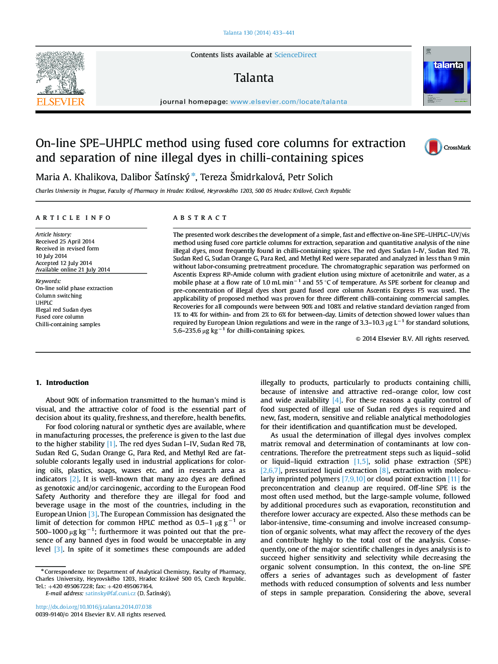 On-line SPE–UHPLC method using fused core columns for extraction and separation of nine illegal dyes in chilli-containing spices