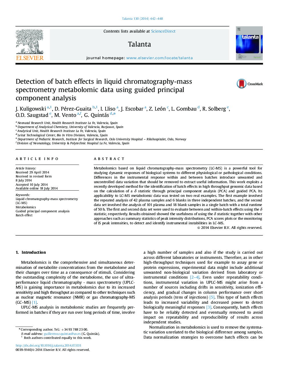 تشخیص اثرات دسته ای در داده های متابولومیک طیف سنجی کروماتوگرافی مایع با استفاده از تجزیه و تحلیل مولفه های هدایت شده 