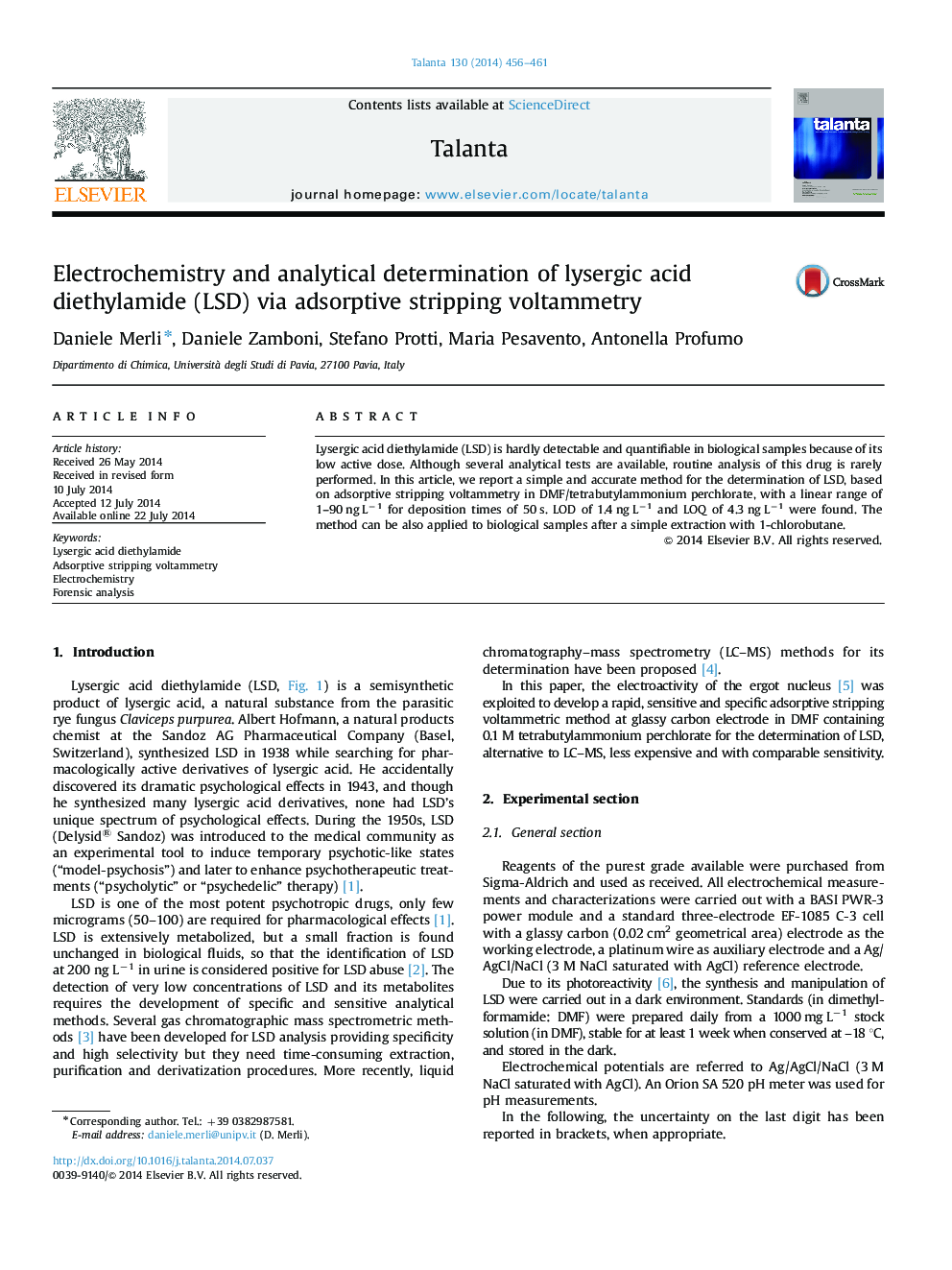 Electrochemistry and analytical determination of lysergic acid diethylamide (LSD) via adsorptive stripping voltammetry