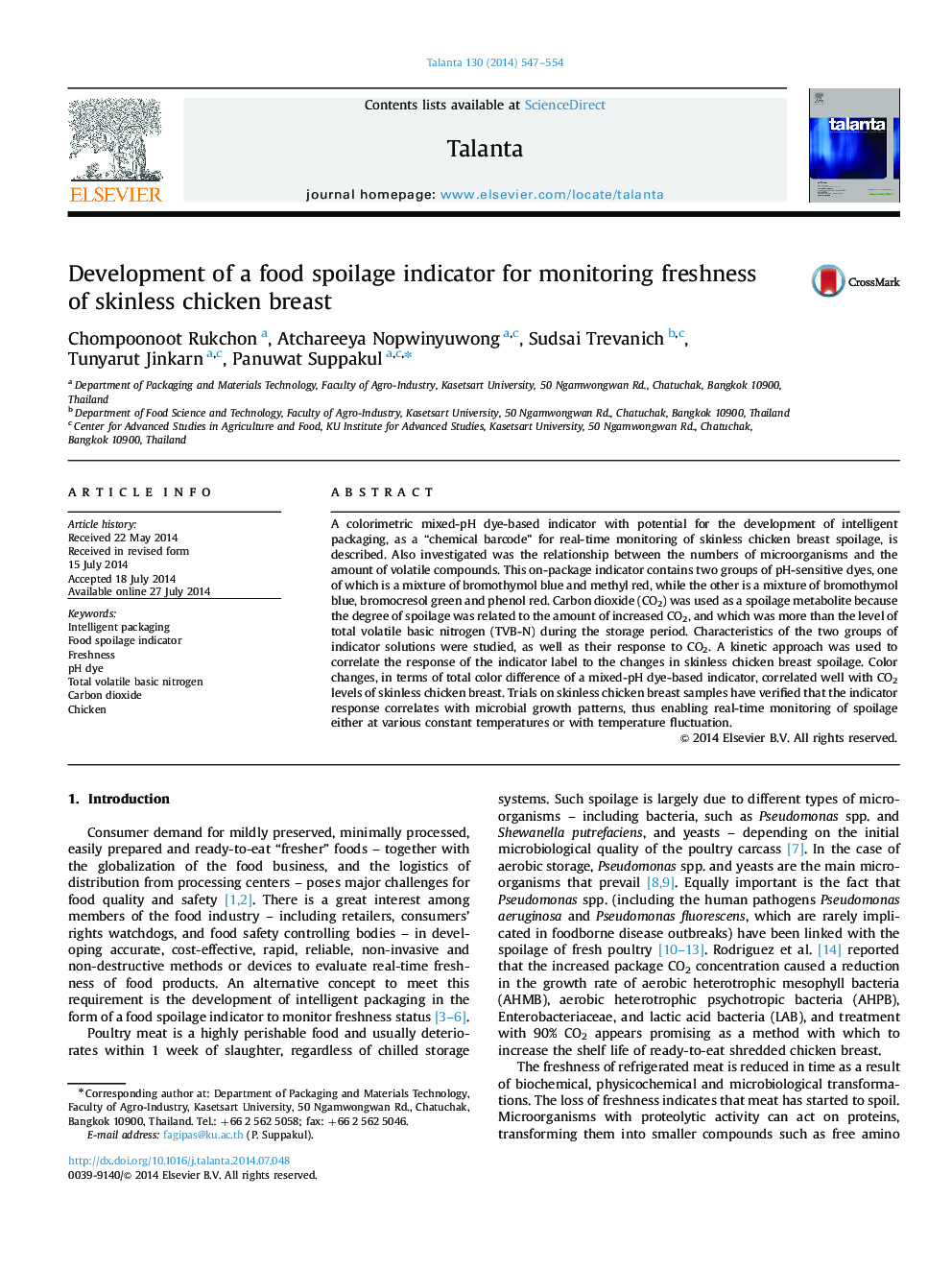 Development of a food spoilage indicator for monitoring freshness of skinless chicken breast