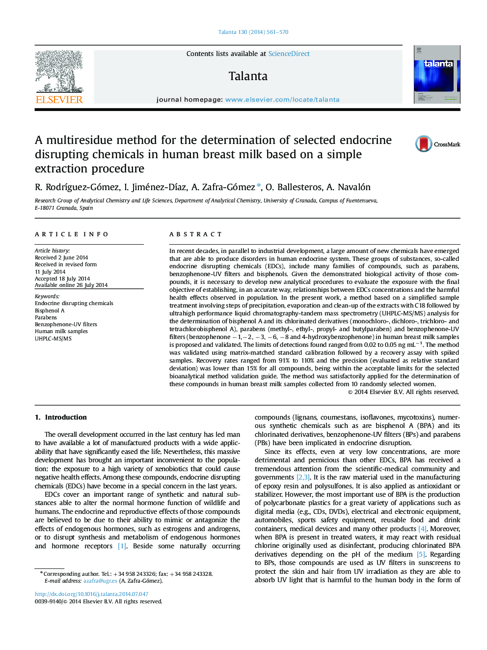 A multiresidue method for the determination of selected endocrine disrupting chemicals in human breast milk based on a simple extraction procedure