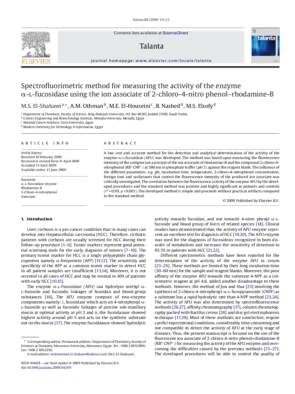 Spectrofluorimetric method for measuring the activity of the enzyme α-l-fucosidase using the ion associate of 2-chloro-4-nitro phenol–rhodamine-B