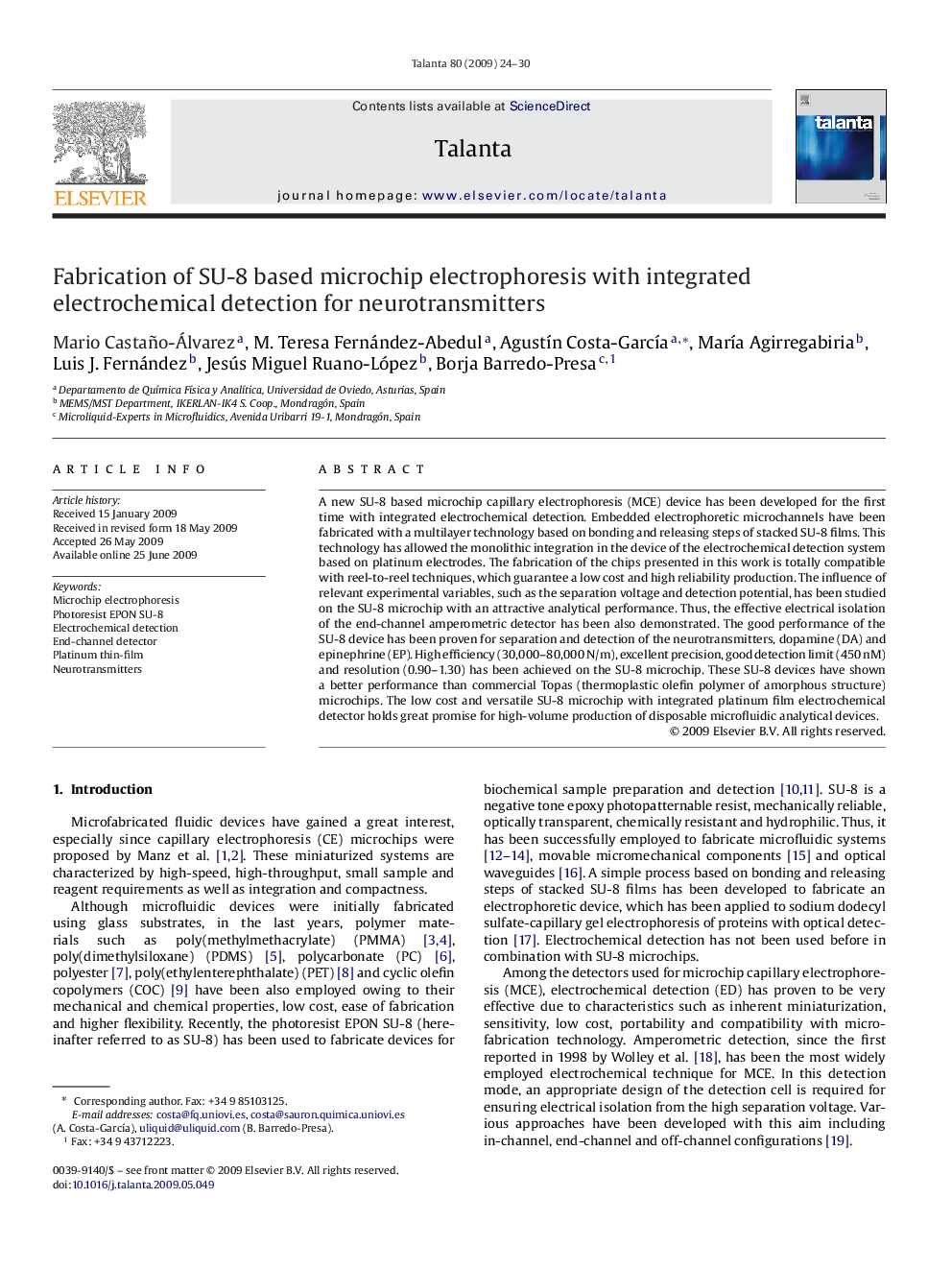 Fabrication of SU-8 based microchip electrophoresis with integrated electrochemical detection for neurotransmitters