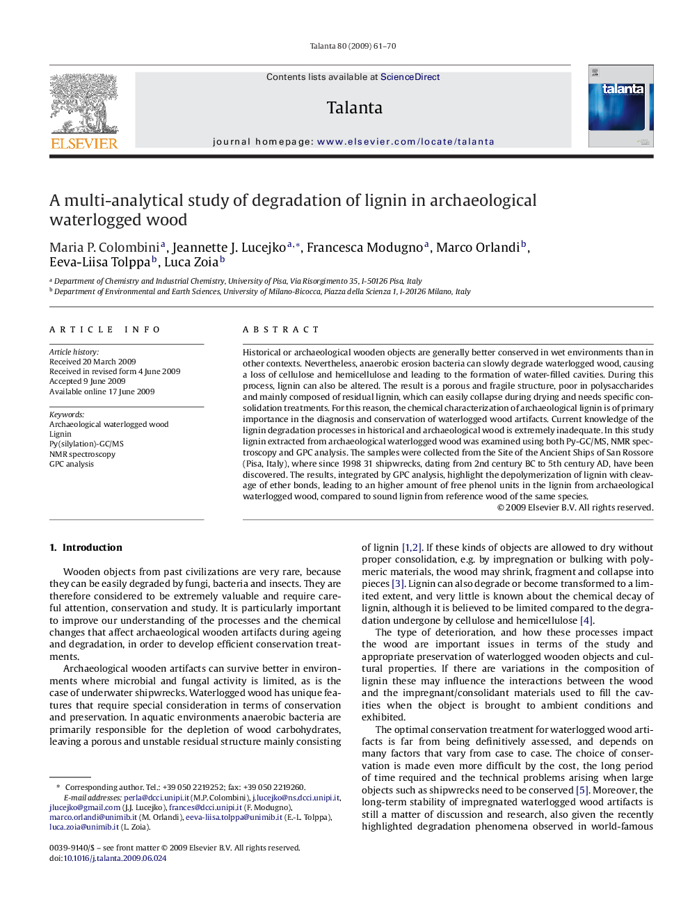 A multi-analytical study of degradation of lignin in archaeological waterlogged wood