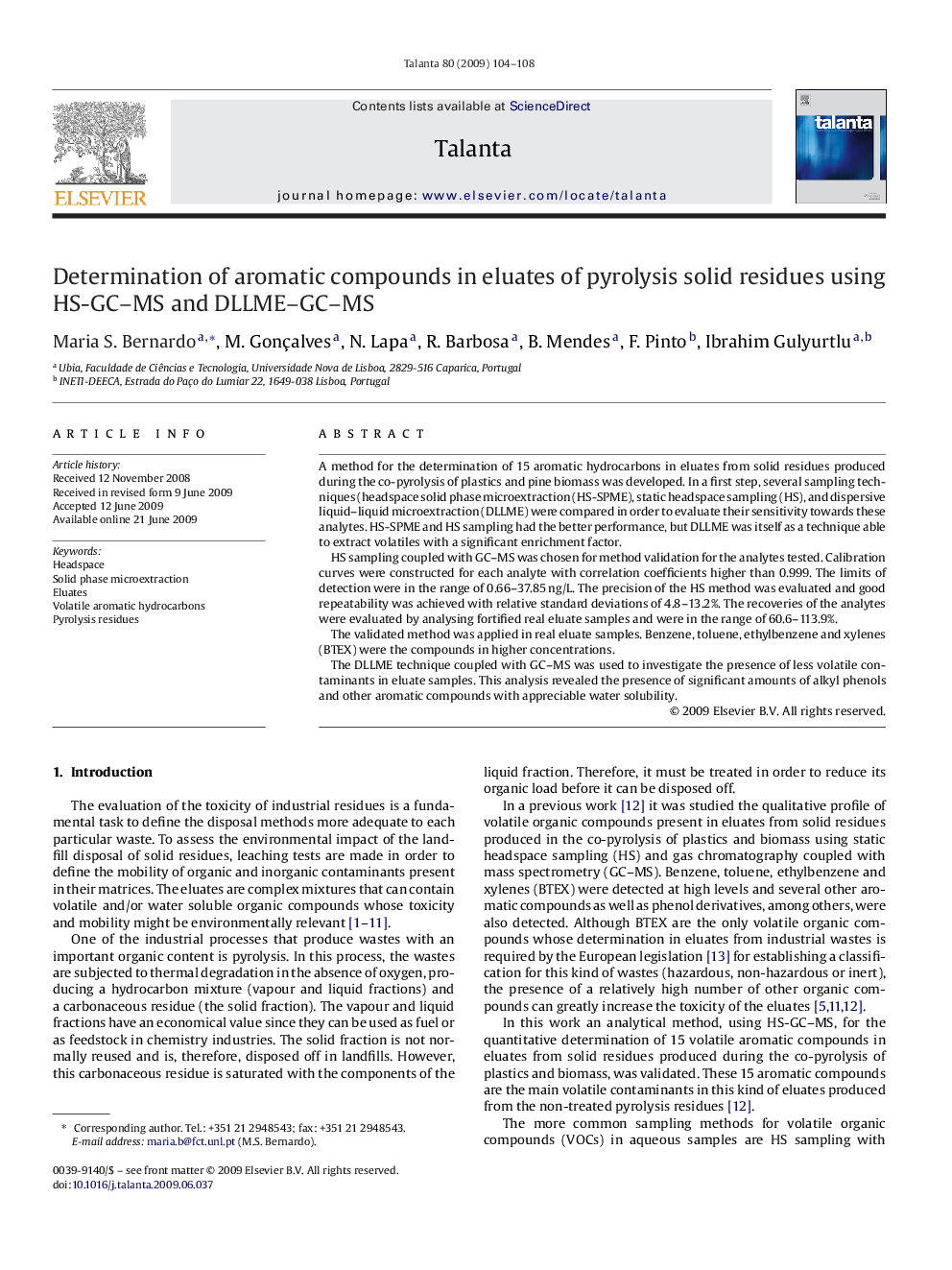 Determination of aromatic compounds in eluates of pyrolysis solid residues using HS-GC–MS and DLLME–GC–MS