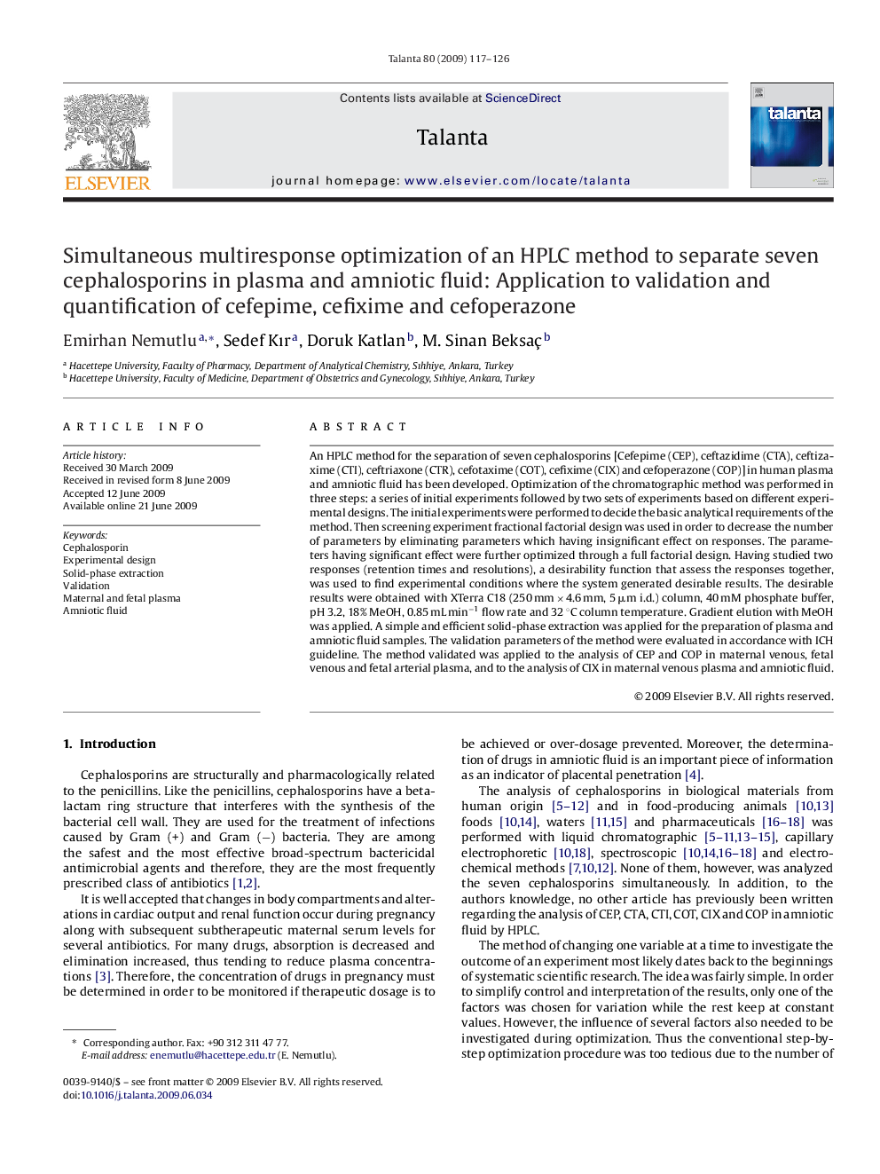 Simultaneous multiresponse optimization of an HPLC method to separate seven cephalosporins in plasma and amniotic fluid: Application to validation and quantification of cefepime, cefixime and cefoperazone