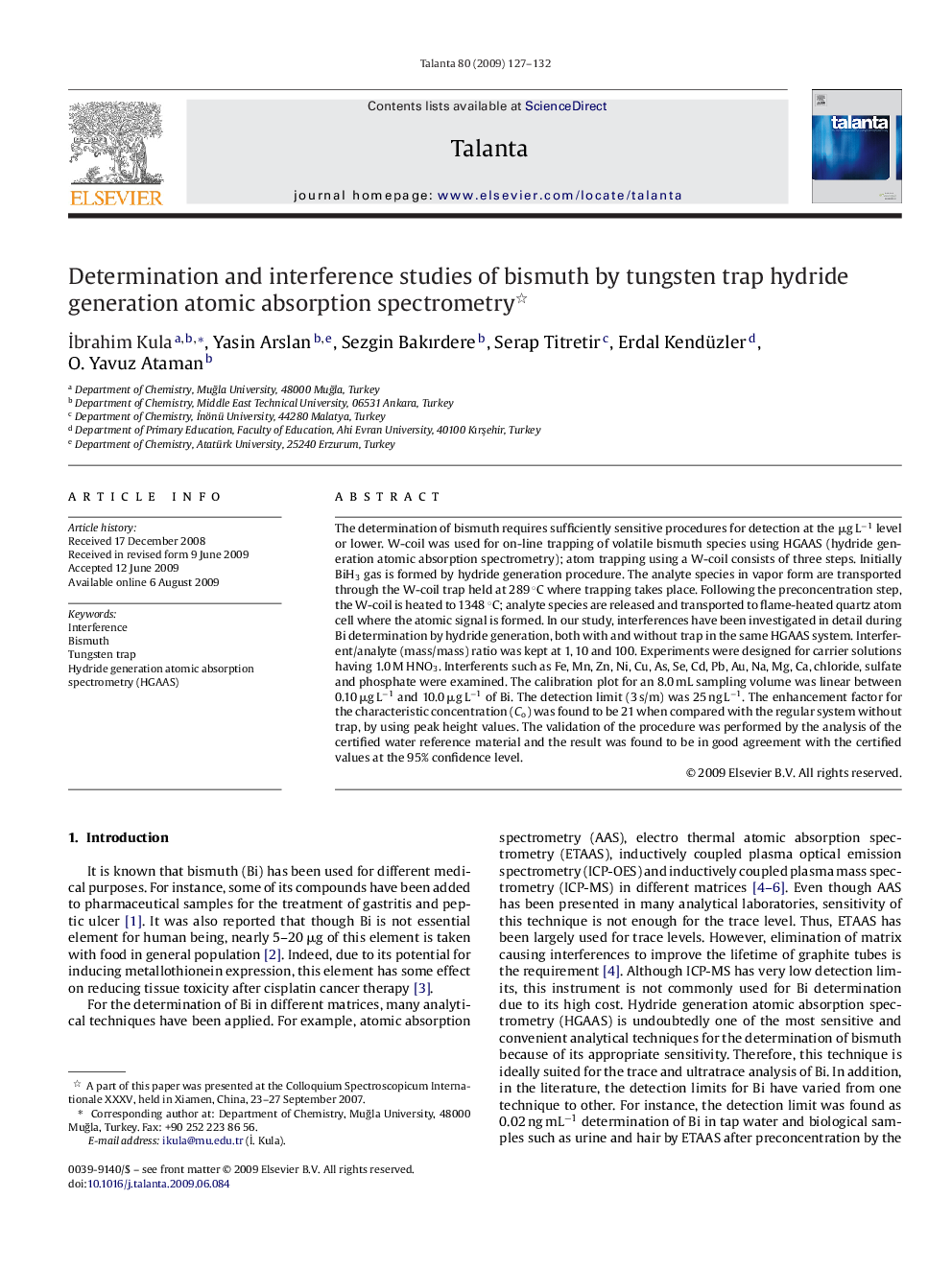 Determination and interference studies of bismuth by tungsten trap hydride generation atomic absorption spectrometry 