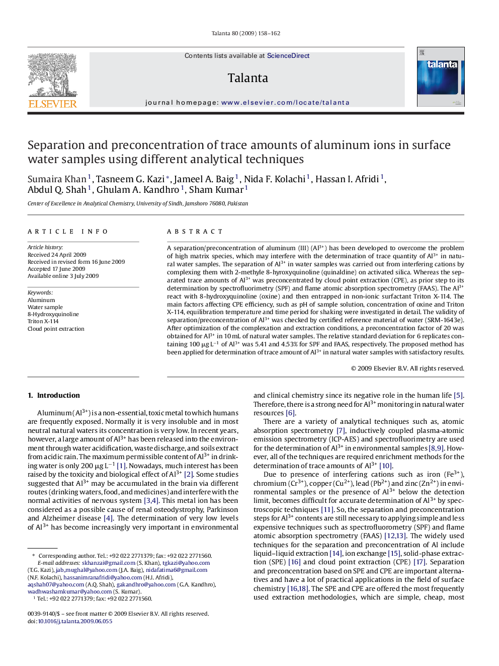 Separation and preconcentration of trace amounts of aluminum ions in surface water samples using different analytical techniques