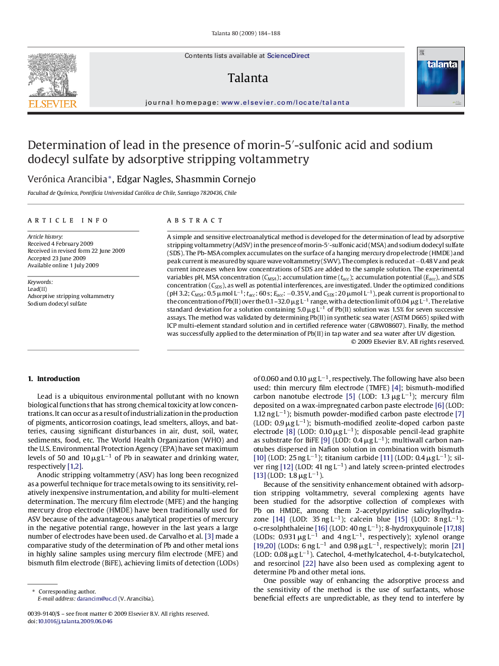 Determination of lead in the presence of morin-5′-sulfonic acid and sodium dodecyl sulfate by adsorptive stripping voltammetry