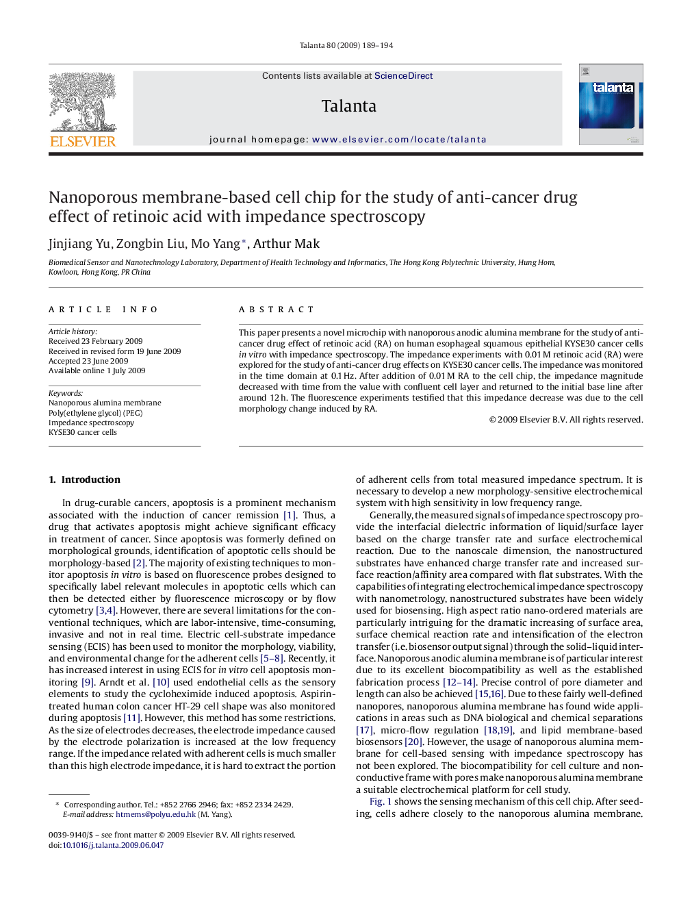 Nanoporous membrane-based cell chip for the study of anti-cancer drug effect of retinoic acid with impedance spectroscopy