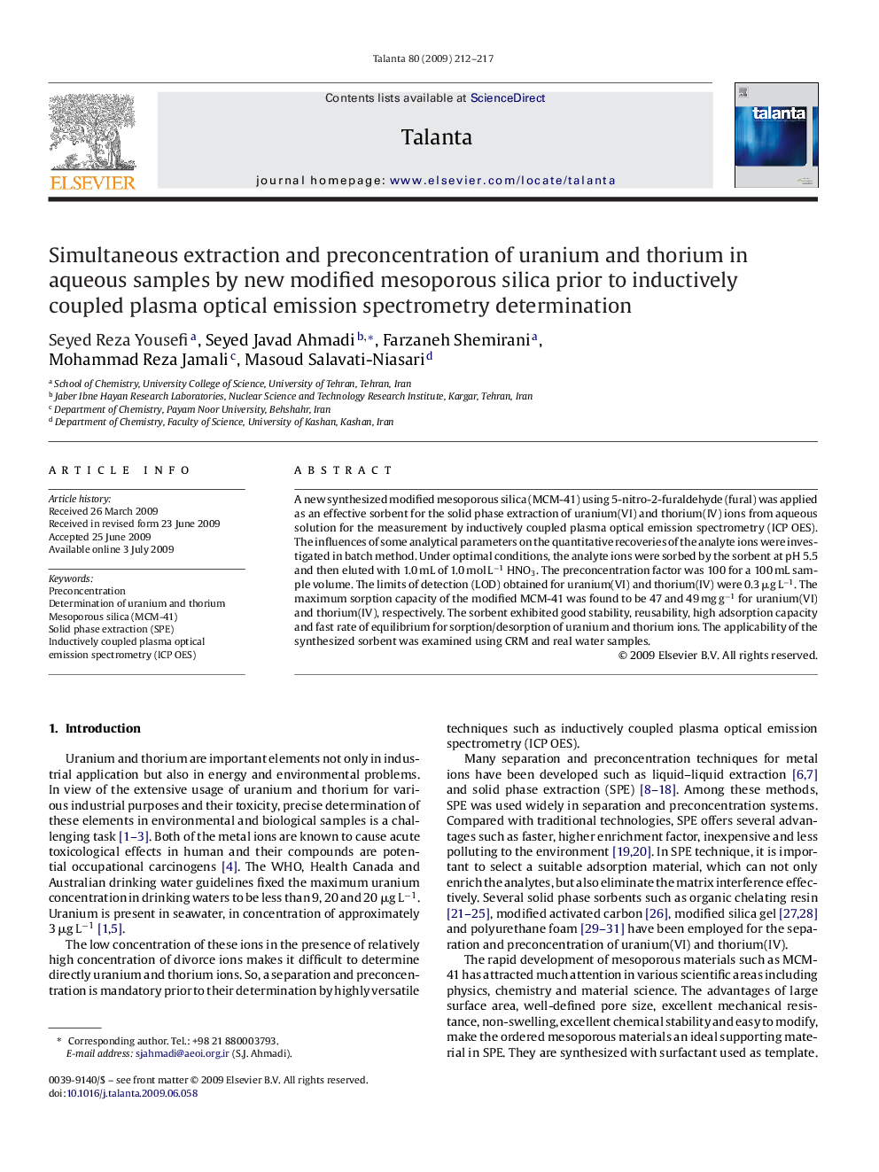 Simultaneous extraction and preconcentration of uranium and thorium in aqueous samples by new modified mesoporous silica prior to inductively coupled plasma optical emission spectrometry determination