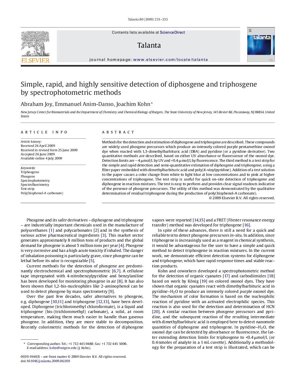 Simple, rapid, and highly sensitive detection of diphosgene and triphosgene by spectrophotometric methods