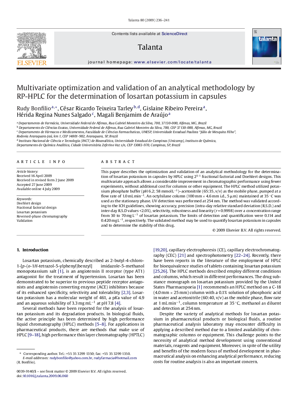 Multivariate optimization and validation of an analytical methodology by RP-HPLC for the determination of losartan potassium in capsules