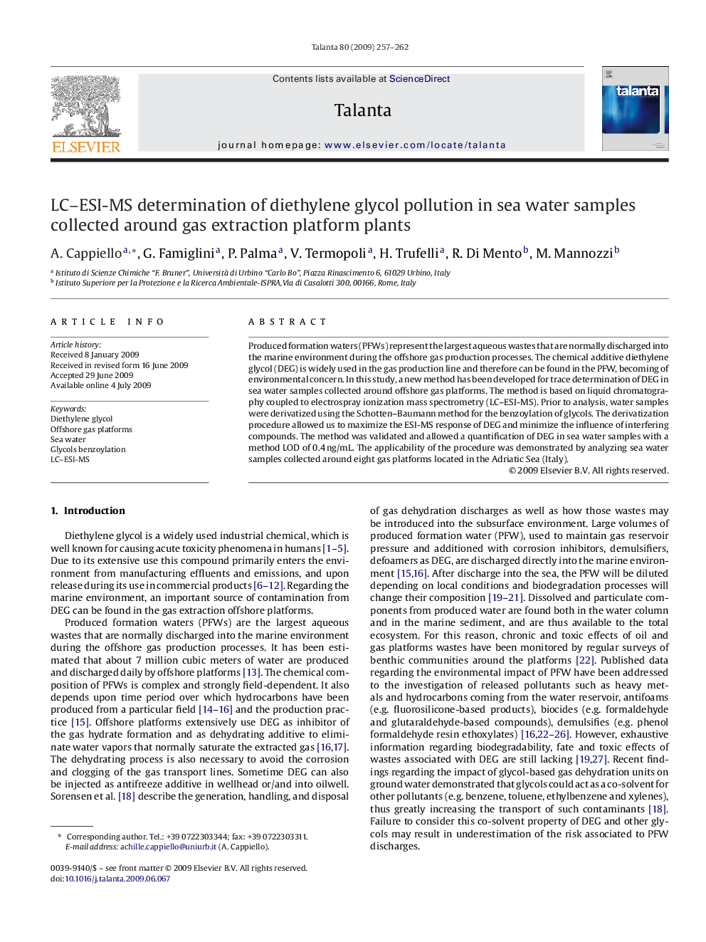 LC–ESI-MS determination of diethylene glycol pollution in sea water samples collected around gas extraction platform plants