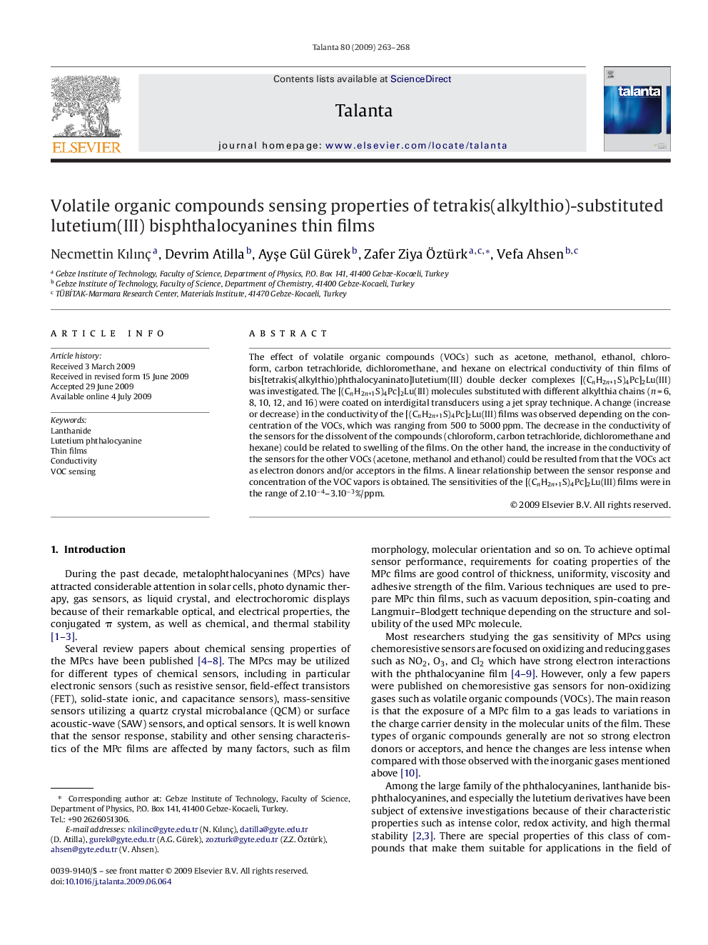 Volatile organic compounds sensing properties of tetrakis(alkylthio)-substituted lutetium(III) bisphthalocyanines thin films