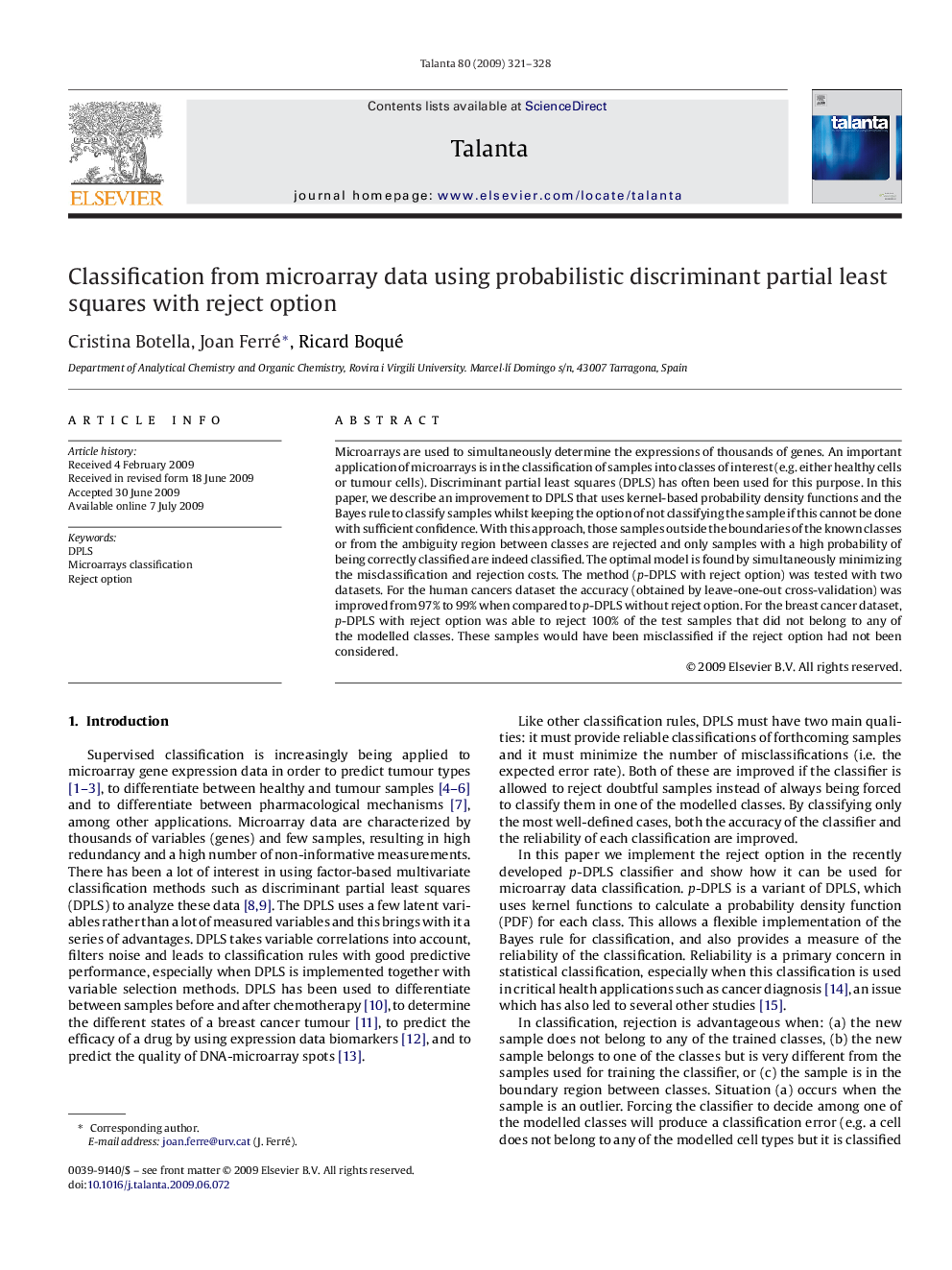 Classification from microarray data using probabilistic discriminant partial least squares with reject option