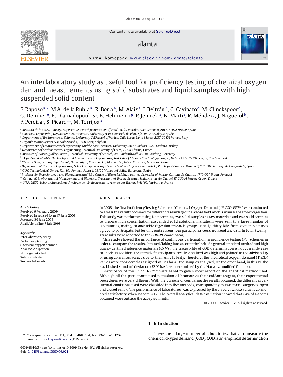 An interlaboratory study as useful tool for proficiency testing of chemical oxygen demand measurements using solid substrates and liquid samples with high suspended solid content