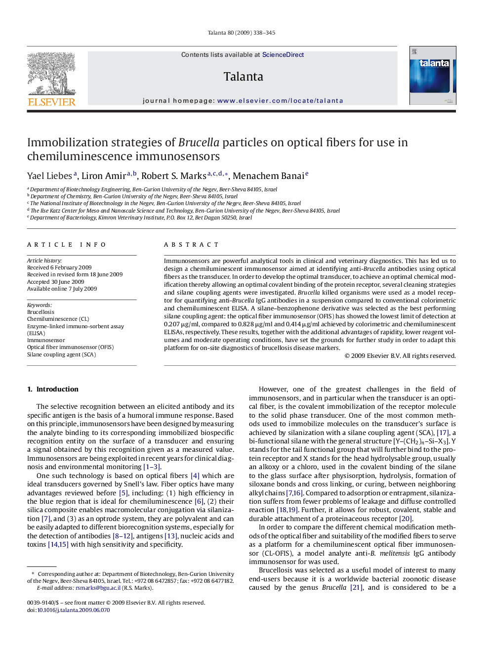 Immobilization strategies of Brucella particles on optical fibers for use in chemiluminescence immunosensors