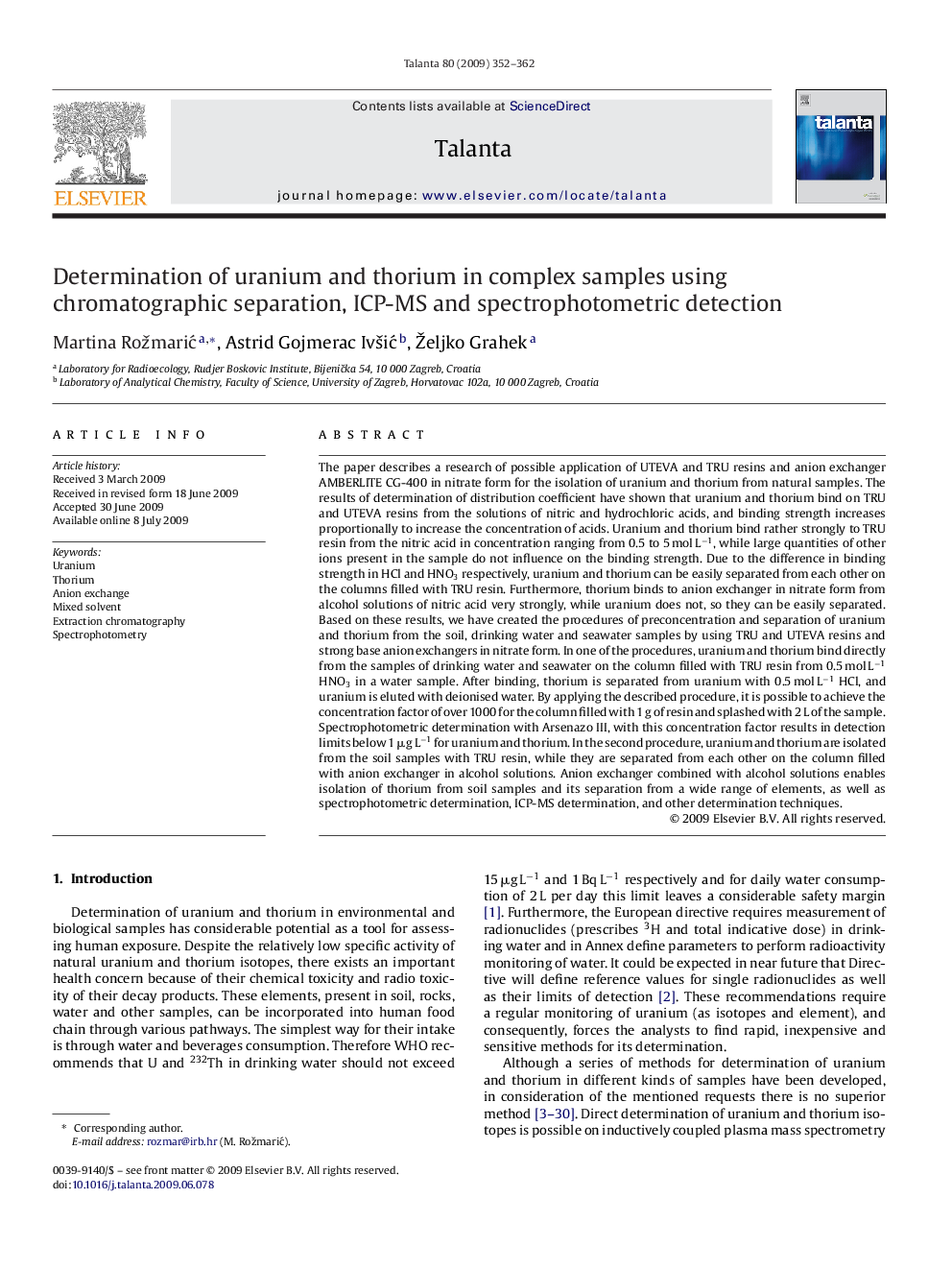 Determination of uranium and thorium in complex samples using chromatographic separation, ICP-MS and spectrophotometric detection