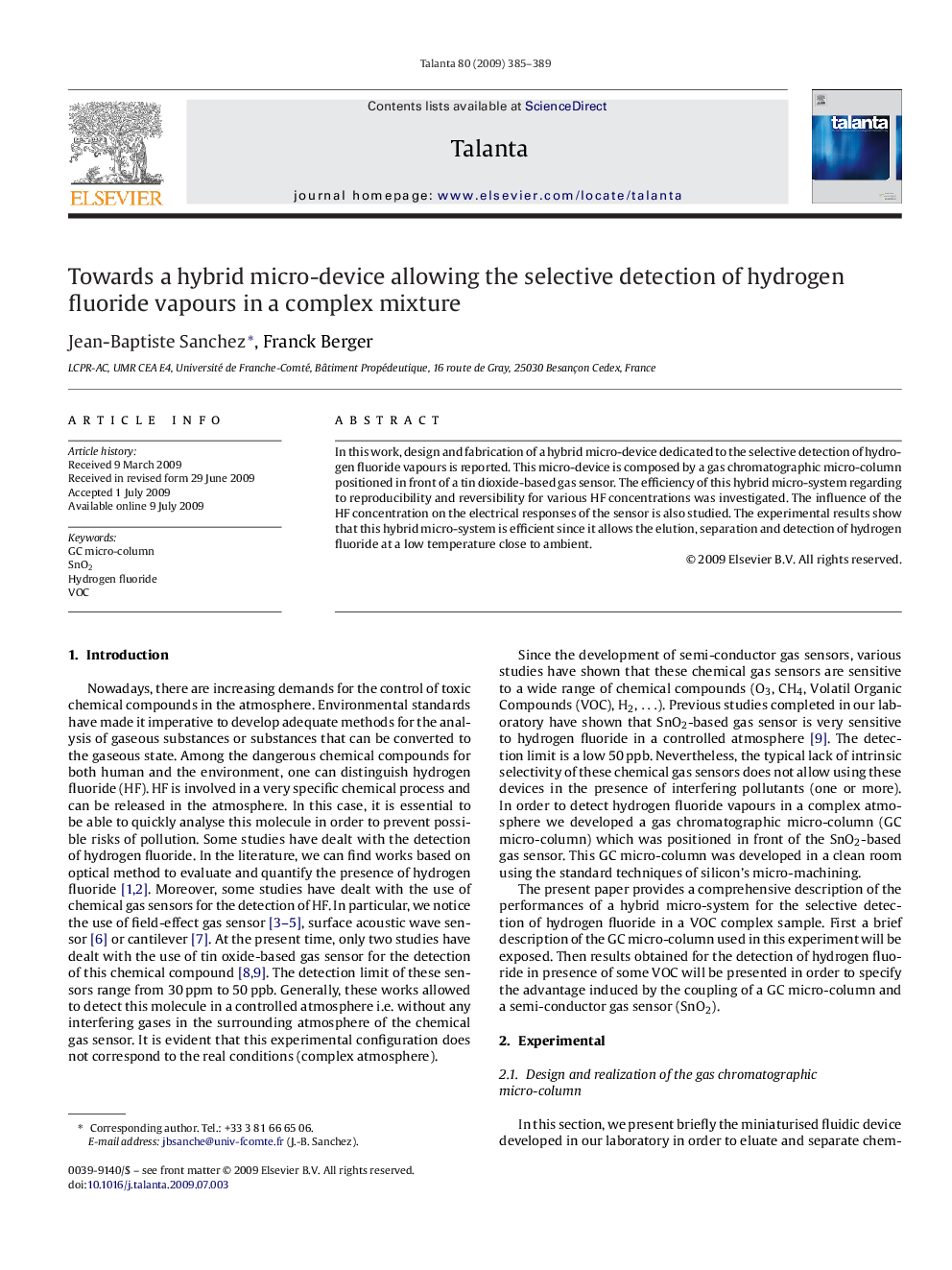 Towards a hybrid micro-device allowing the selective detection of hydrogen fluoride vapours in a complex mixture