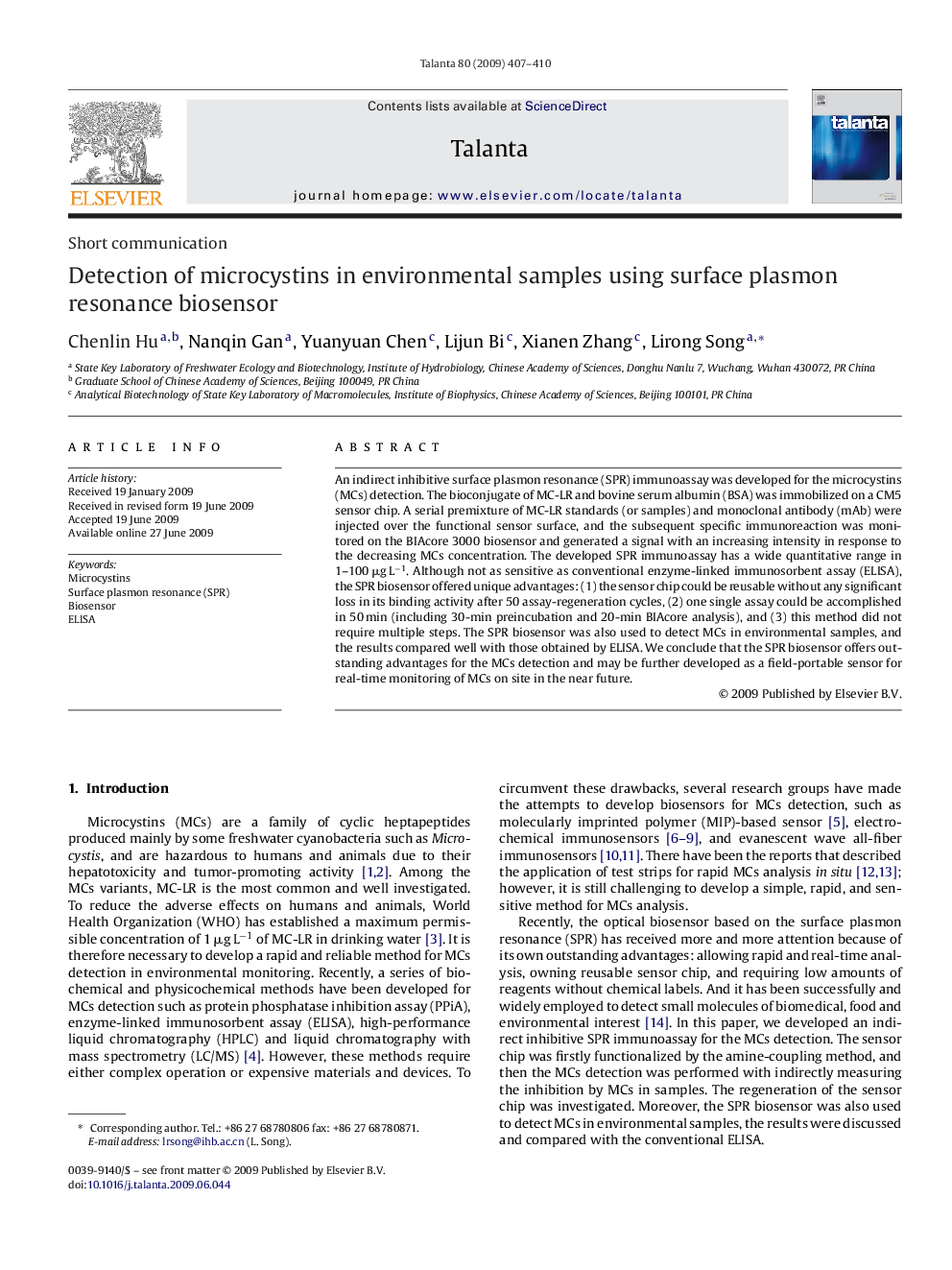 Detection of microcystins in environmental samples using surface plasmon resonance biosensor