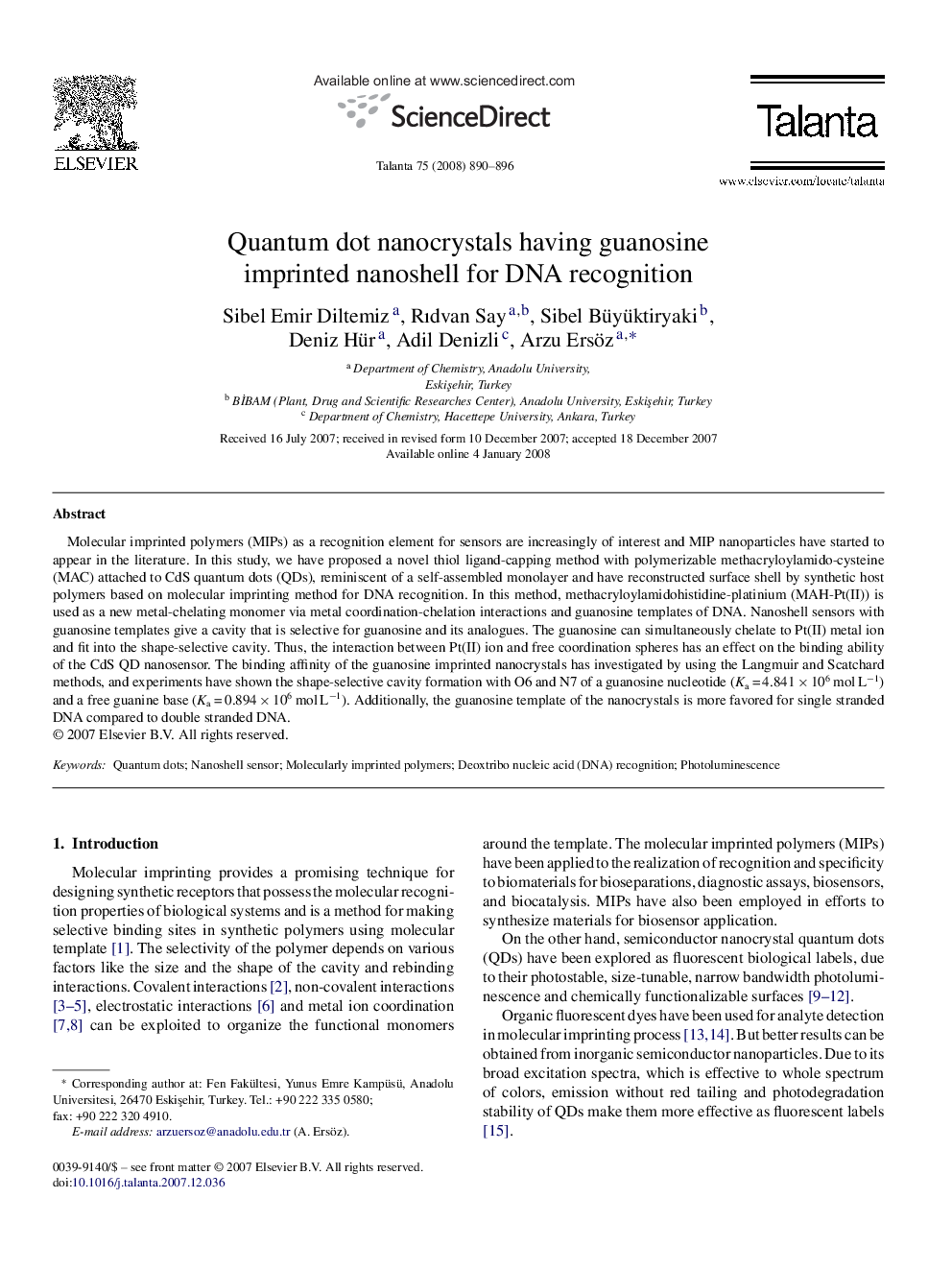 Quantum dot nanocrystals having guanosine imprinted nanoshell for DNA recognition