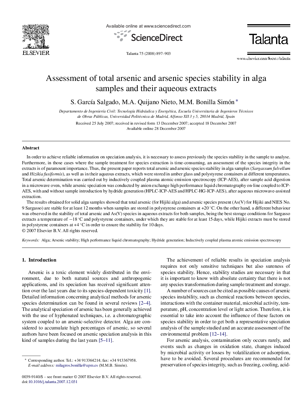 Assessment of total arsenic and arsenic species stability in alga samples and their aqueous extracts