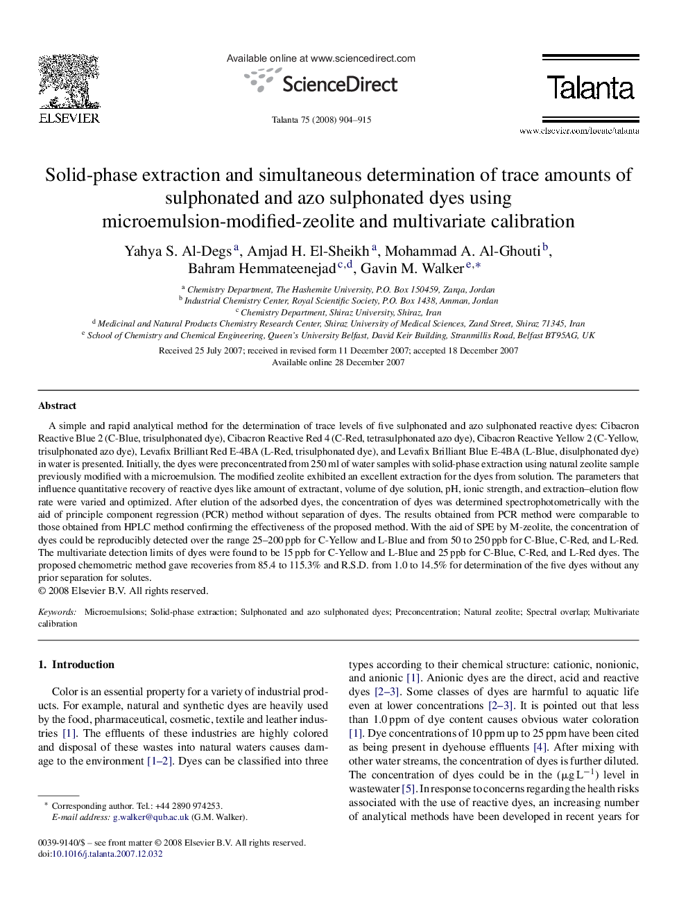 Solid-phase extraction and simultaneous determination of trace amounts of sulphonated and azo sulphonated dyes using microemulsion-modified-zeolite and multivariate calibration