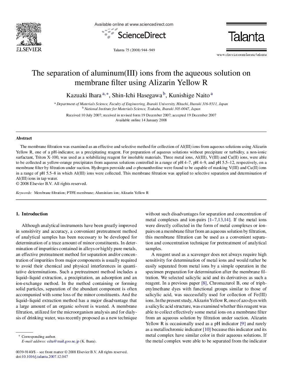 The separation of aluminum(III) ions from the aqueous solution on membrane filter using Alizarin Yellow R