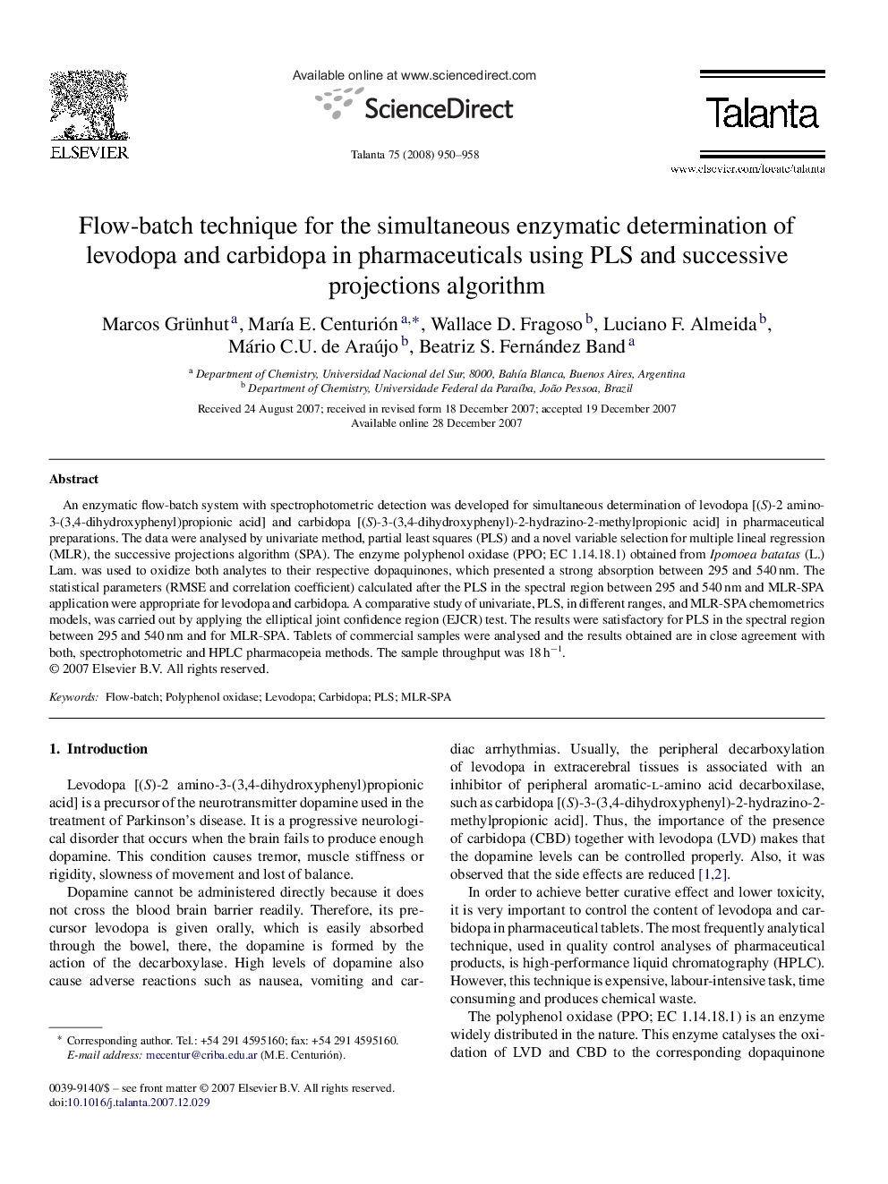 Flow-batch technique for the simultaneous enzymatic determination of levodopa and carbidopa in pharmaceuticals using PLS and successive projections algorithm