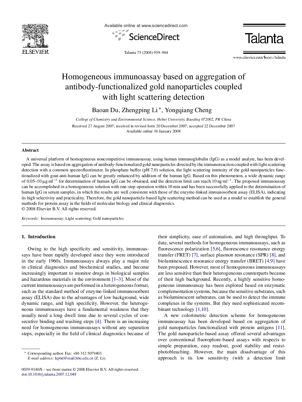 Homogeneous immunoassay based on aggregation of antibody-functionalized gold nanoparticles coupled with light scattering detection