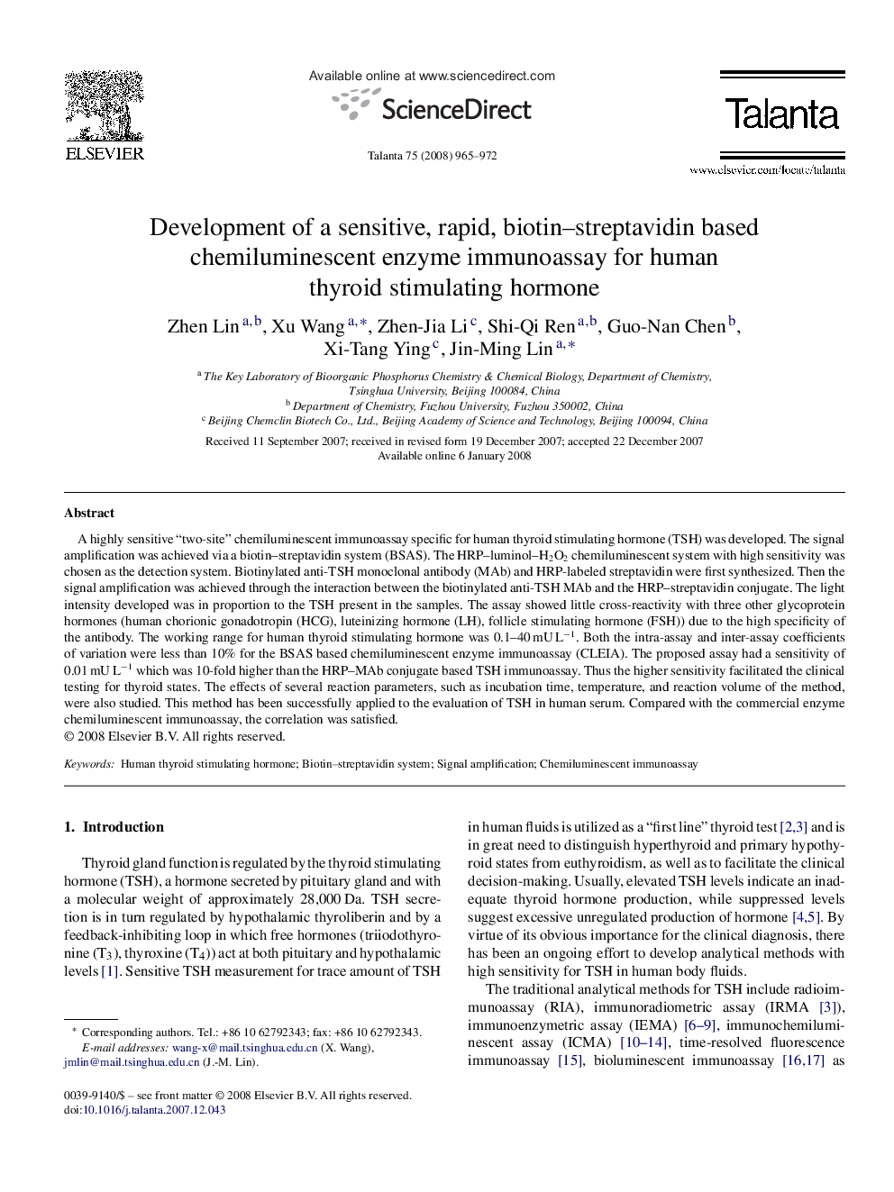 Development of a sensitive, rapid, biotin–streptavidin based chemiluminescent enzyme immunoassay for human thyroid stimulating hormone