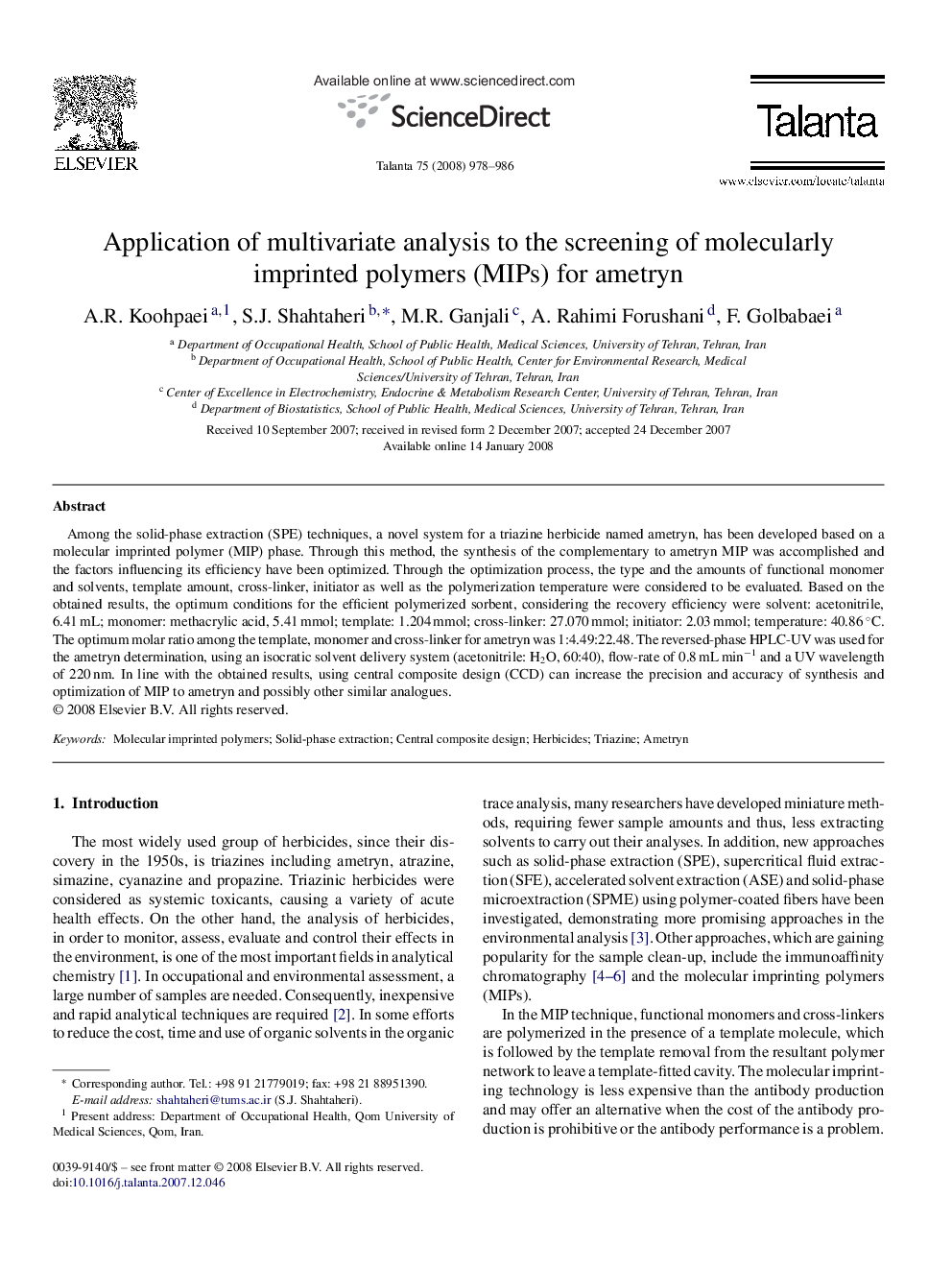 Application of multivariate analysis to the screening of molecularly imprinted polymers (MIPs) for ametryn