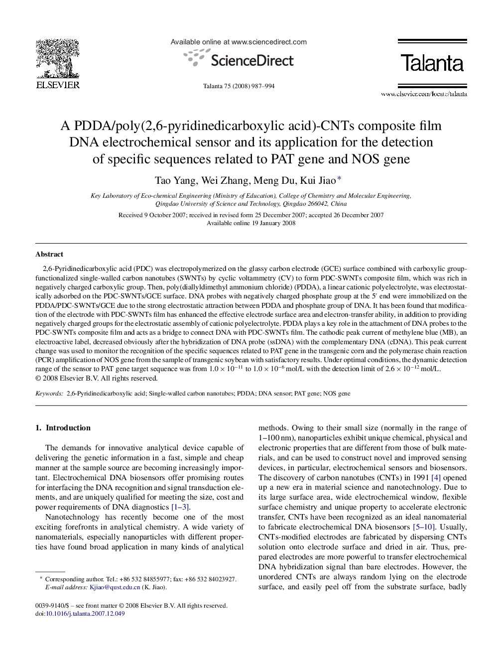 A PDDA/poly(2,6-pyridinedicarboxylic acid)-CNTs composite film DNA electrochemical sensor and its application for the detection of specific sequences related to PAT gene and NOS gene