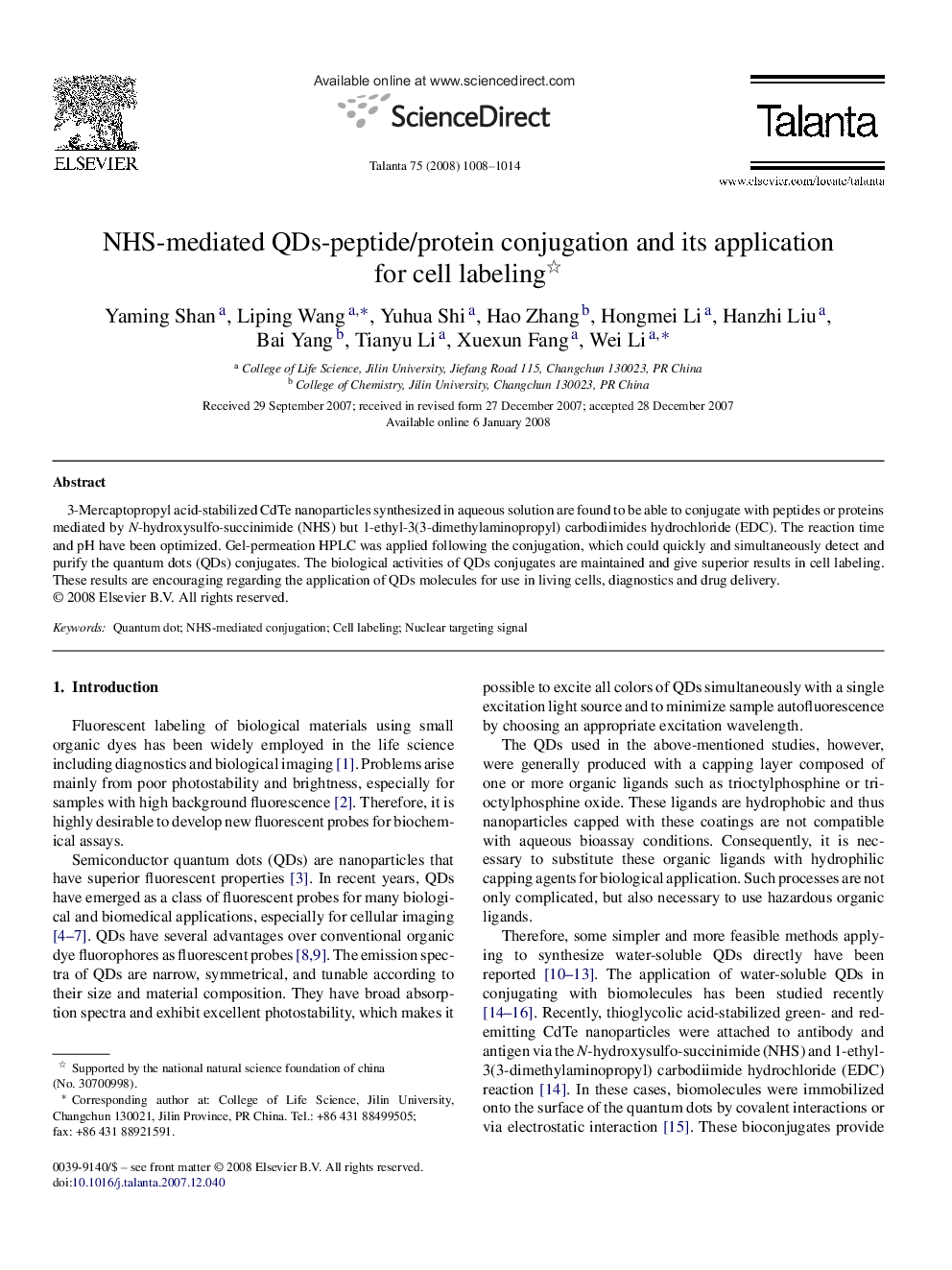 NHS-mediated QDs-peptide/protein conjugation and its application for cell labeling 