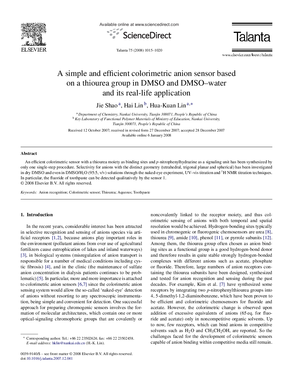 A simple and efficient colorimetric anion sensor based on a thiourea group in DMSO and DMSO–water and its real-life application