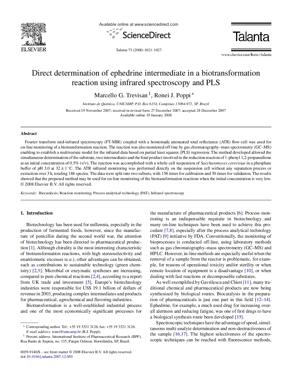 Direct determination of ephedrine intermediate in a biotransformation reaction using infrared spectroscopy and PLS