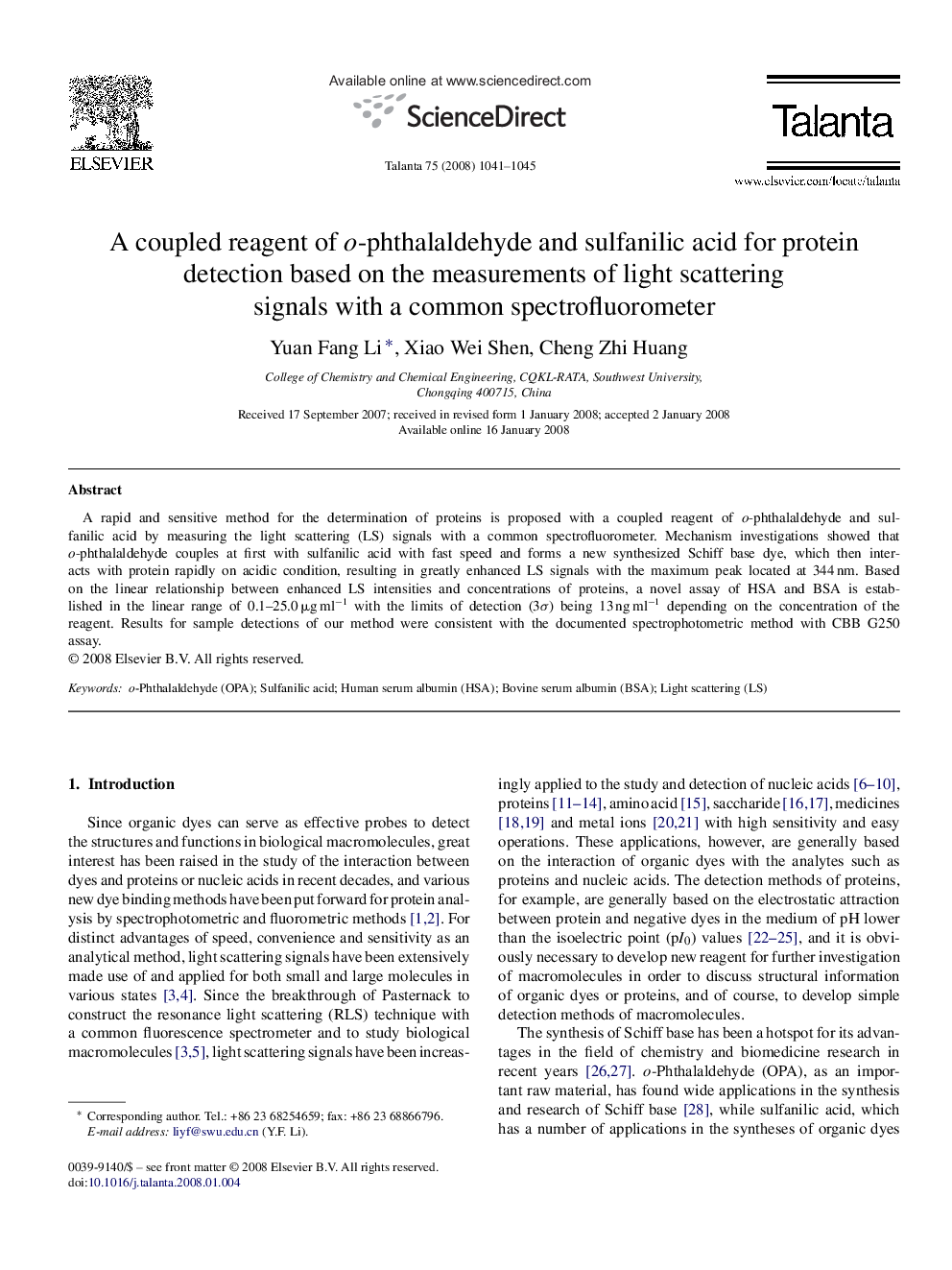 A coupled reagent of o-phthalaldehyde and sulfanilic acid for protein detection based on the measurements of light scattering signals with a common spectrofluorometer