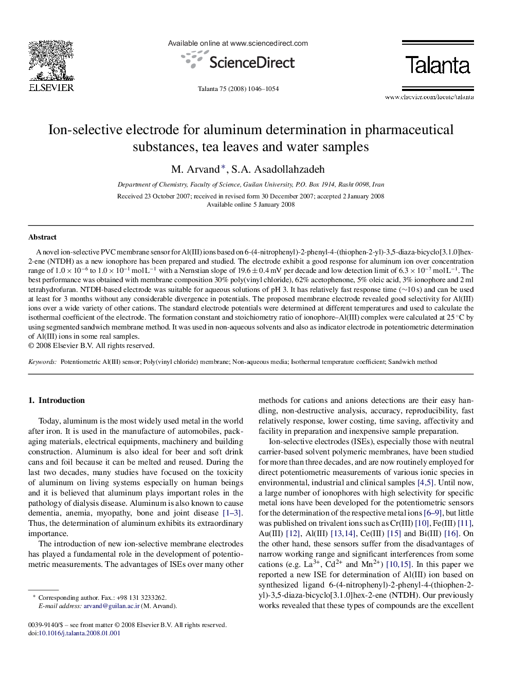 Ion-selective electrode for aluminum determination in pharmaceutical substances, tea leaves and water samples