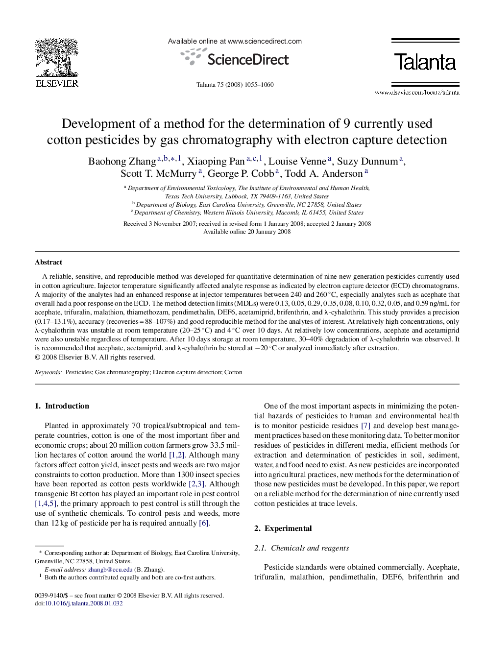 Development of a method for the determination of 9 currently used cotton pesticides by gas chromatography with electron capture detection