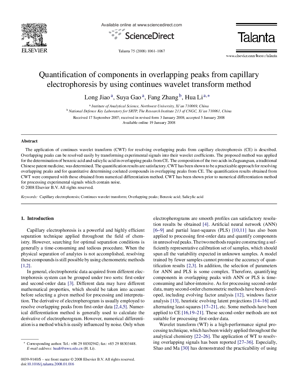 Quantification of components in overlapping peaks from capillary electrophoresis by using continues wavelet transform method