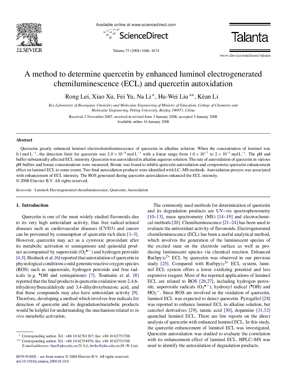 A method to determine quercetin by enhanced luminol electrogenerated chemiluminescence (ECL) and quercetin autoxidation