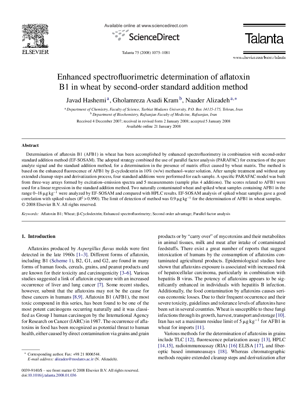 Enhanced spectrofluorimetric determination of aflatoxin B1 in wheat by second-order standard addition method