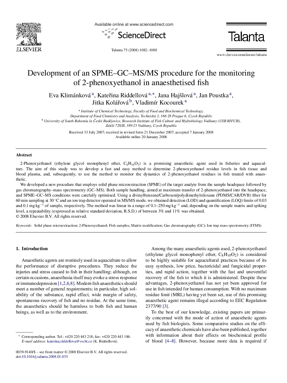 Development of an SPME–GC–MS/MS procedure for the monitoring of 2-phenoxyethanol in anaesthetised fish